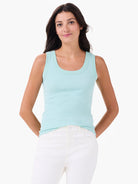 Light blue, fitted, ribbed knit tank top with a wide scoop neckline.
