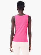 Fuchsia rib knit tank, back view, scoop neckline.