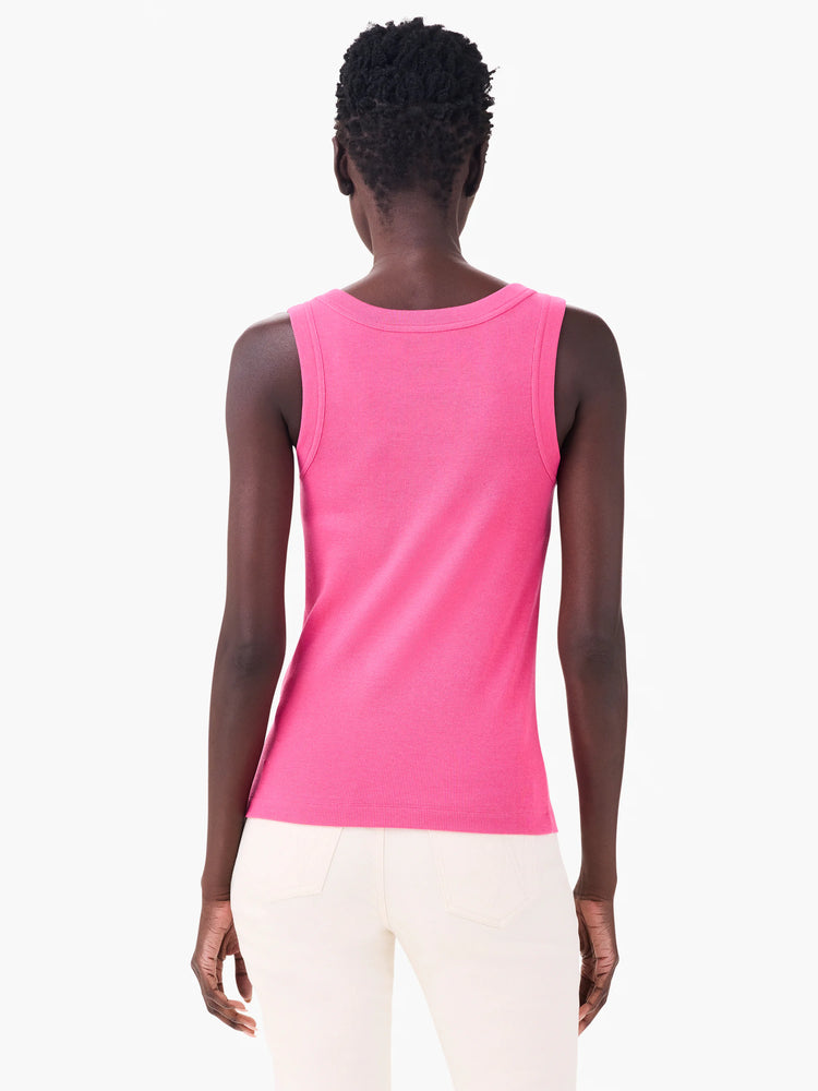 Bright pink ribbed knit tank, shown from the back, with a round neck and straight hem.