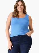Blue ribbed scoop neck tank top.