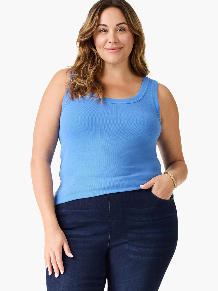 Blue ribbed scoop neck tank top.