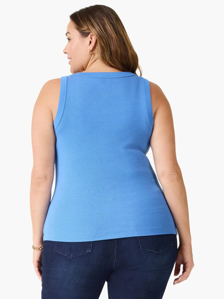 Bright blue ribbed knit tank top. Back view on a model.
