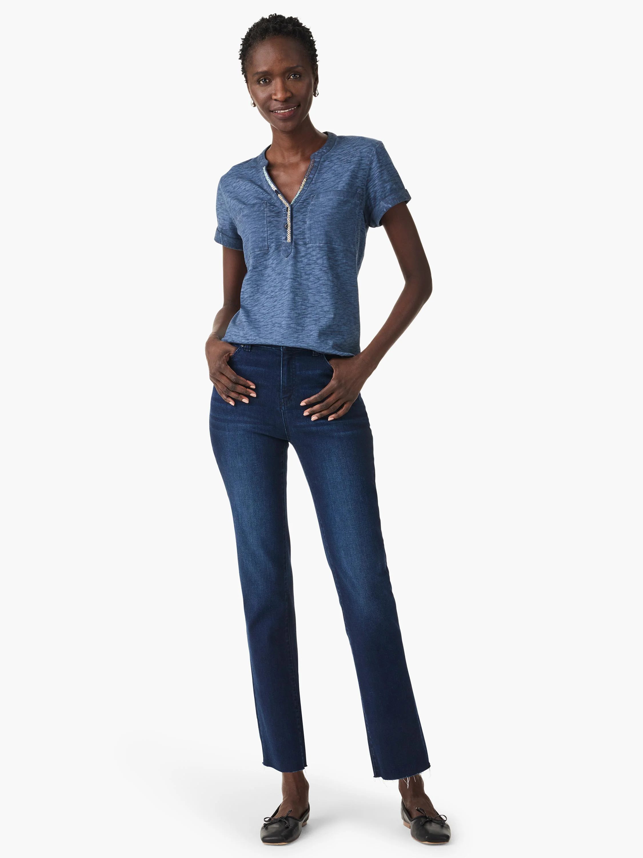 Blue slub knit short sleeve henley top with patterned placket trim and a left chest pocket.