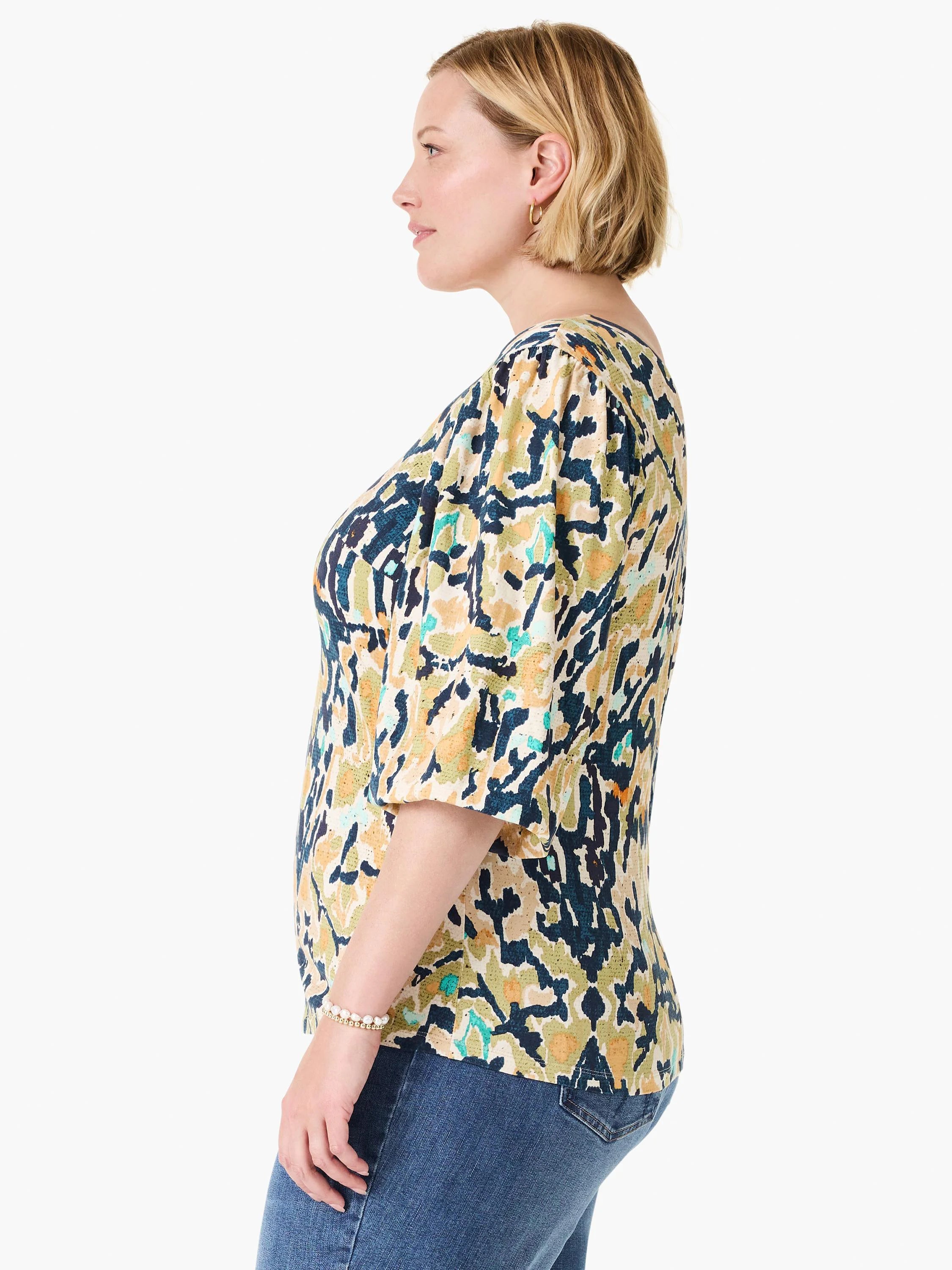 Vineyard Glow Top, abstract pattern in dark blue, olive green, gold, teal on cream. Elbow-length sleeves.