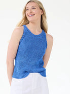 Bright blue high neck tank top with ribbed tape yarn texture, openwork neckline, and ribbed hem.