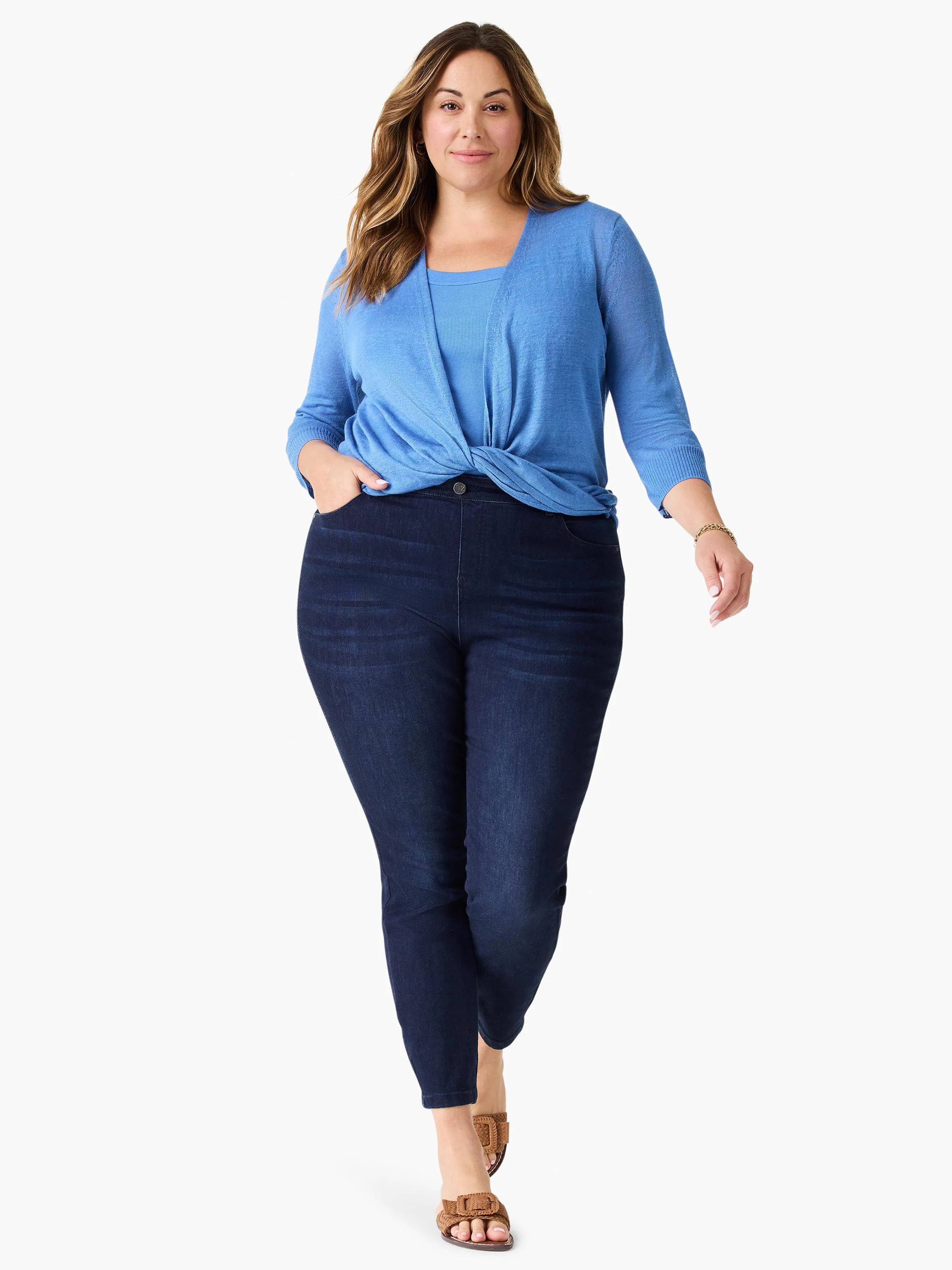 Blue open cardigan with 3/4 sleeves, lightweight knit, styled with a knot at the front.