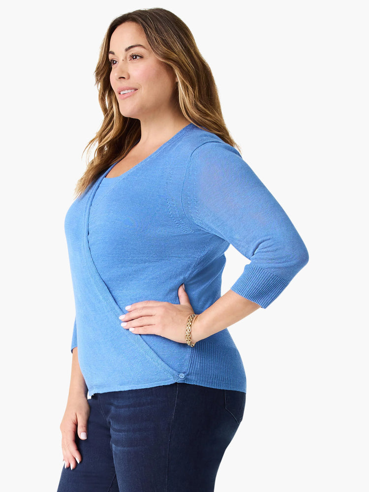 Blue lightweight knit cardigan with wrap front, V-neck, 3/4 ribbed sleeves, and small button detail.