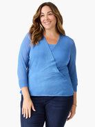 Blue lightweight wrap cardigan with V-neck, 3/4 sleeves, and ribbed cuffs.