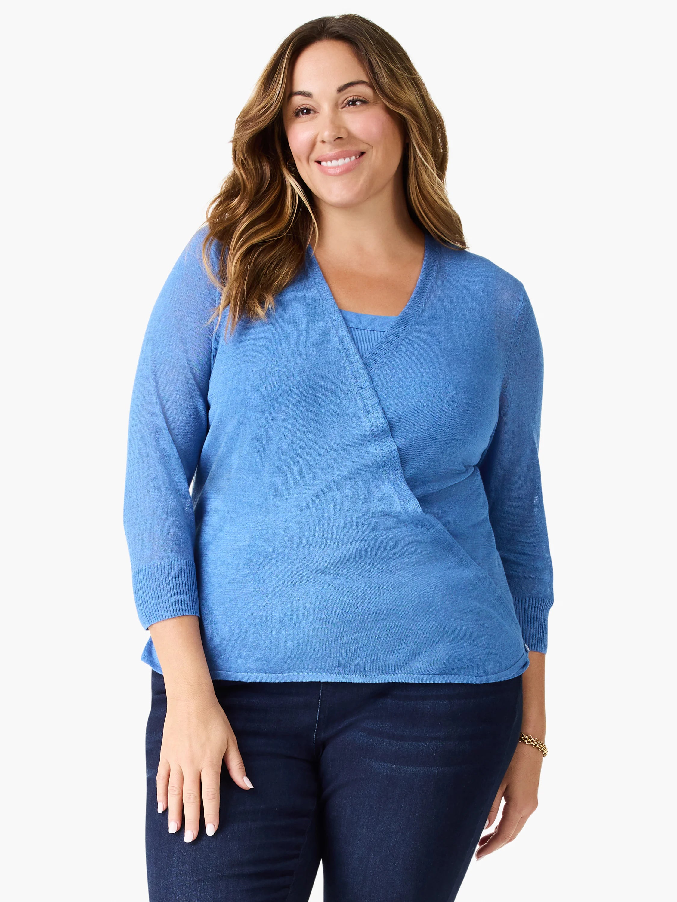 Blue lightweight wrap cardigan with V-neck, 3/4 sleeves, and ribbed cuffs.