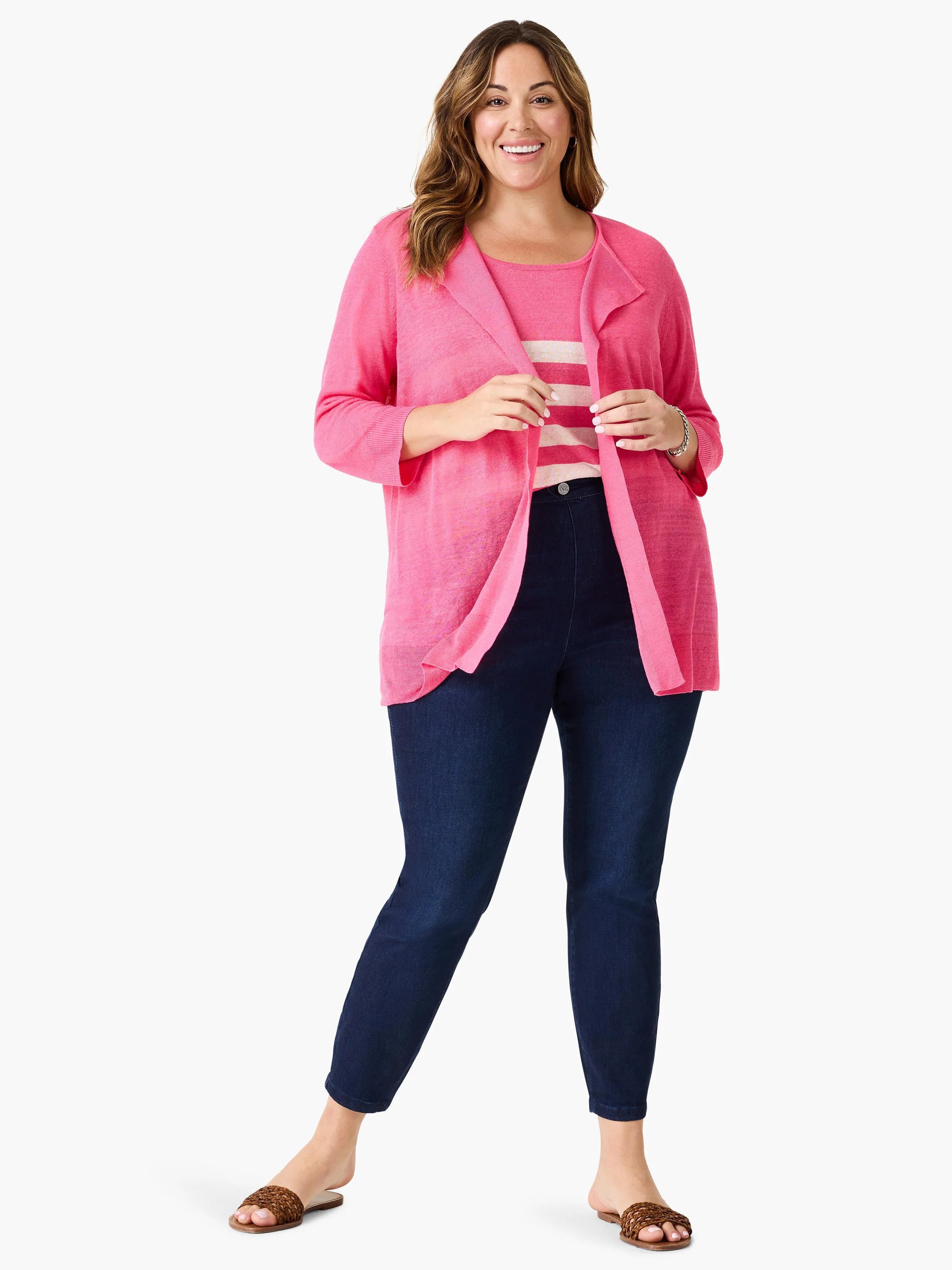 Fuchsia open cardigan with 3/4 sleeves, a light, sheer texture, and draped front.