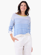 Off-white sweater with blue horizontal stripes, a lime green crew neck, and ribbed off-white cuffs and hem.
