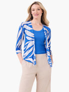 Blue & white organic meadow print open cardigan with 3/4 sleeves.