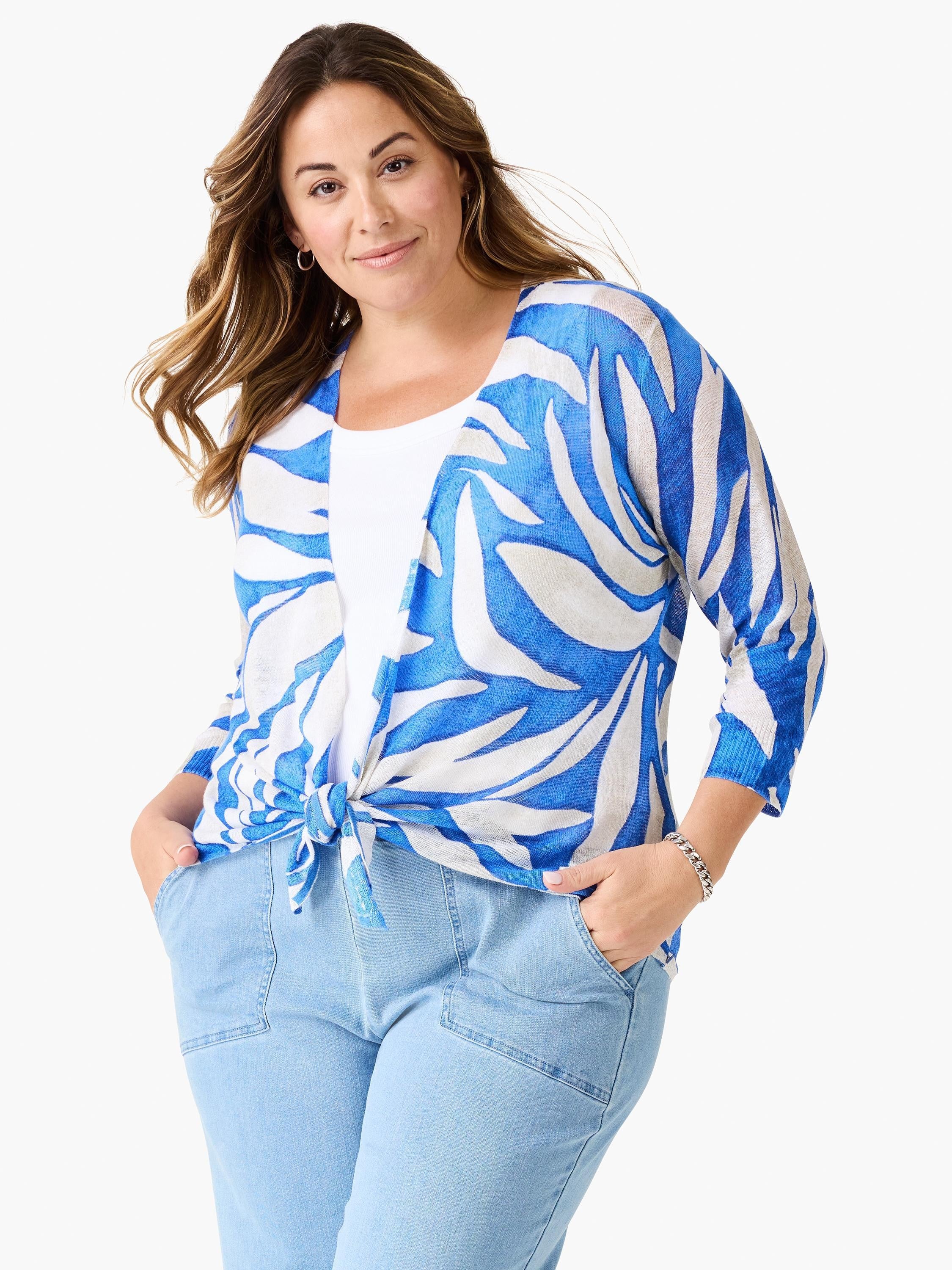 Blue and white abstract leaf pattern cardigan, tied at waist, with 3/4 sleeves.