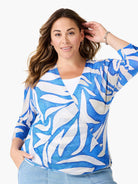 Sheer blue & white organic print open cardigan with 3/4 sleeves.