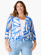 Blue and white abstract pattern cardigan with 3/4 sleeves, tied at the waist.