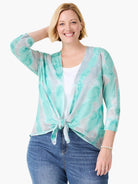 Aqua and light gray knit cardigan with a watercolor pattern, 3/4 sleeves, tied at waist.