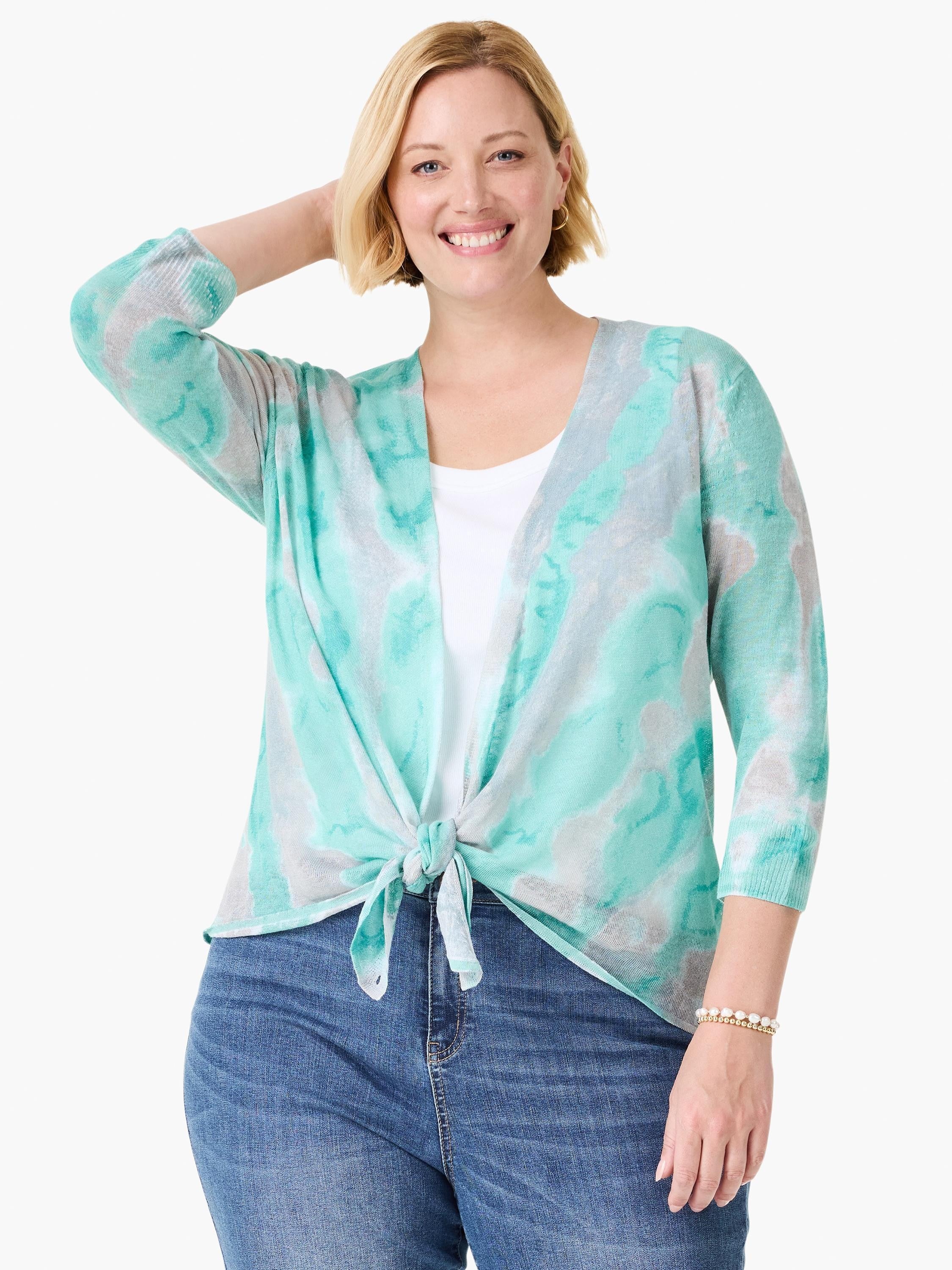 Aqua and light gray knit cardigan with a watercolor pattern, 3/4 sleeves, tied at waist.