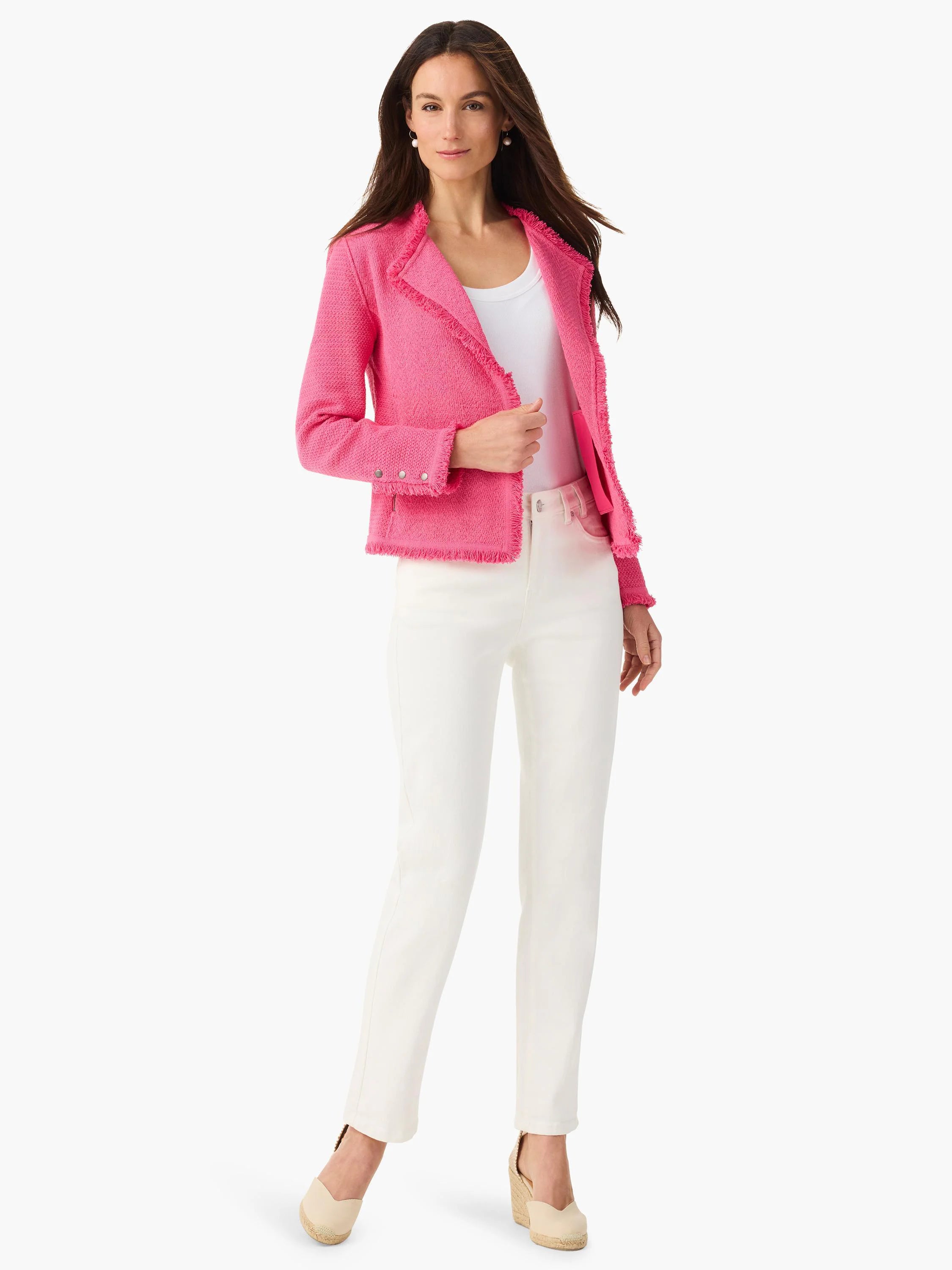 Pink knit jacket with fringe edges on front opening, cuffs, and hem. Features silver cuff buttons.