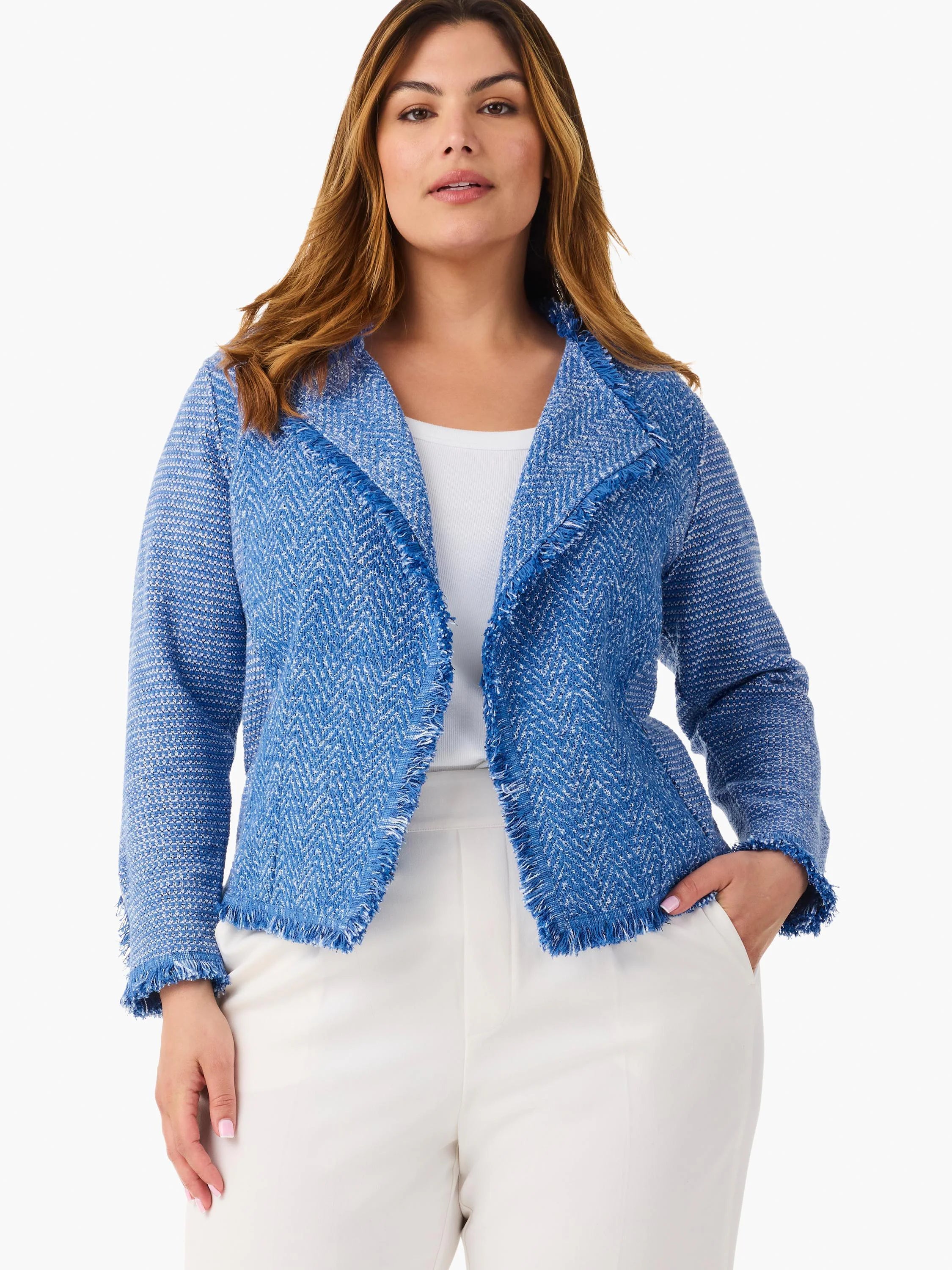 Blue and white herringbone knit jacket with fringe detail on the lapels, front, and cuffs.