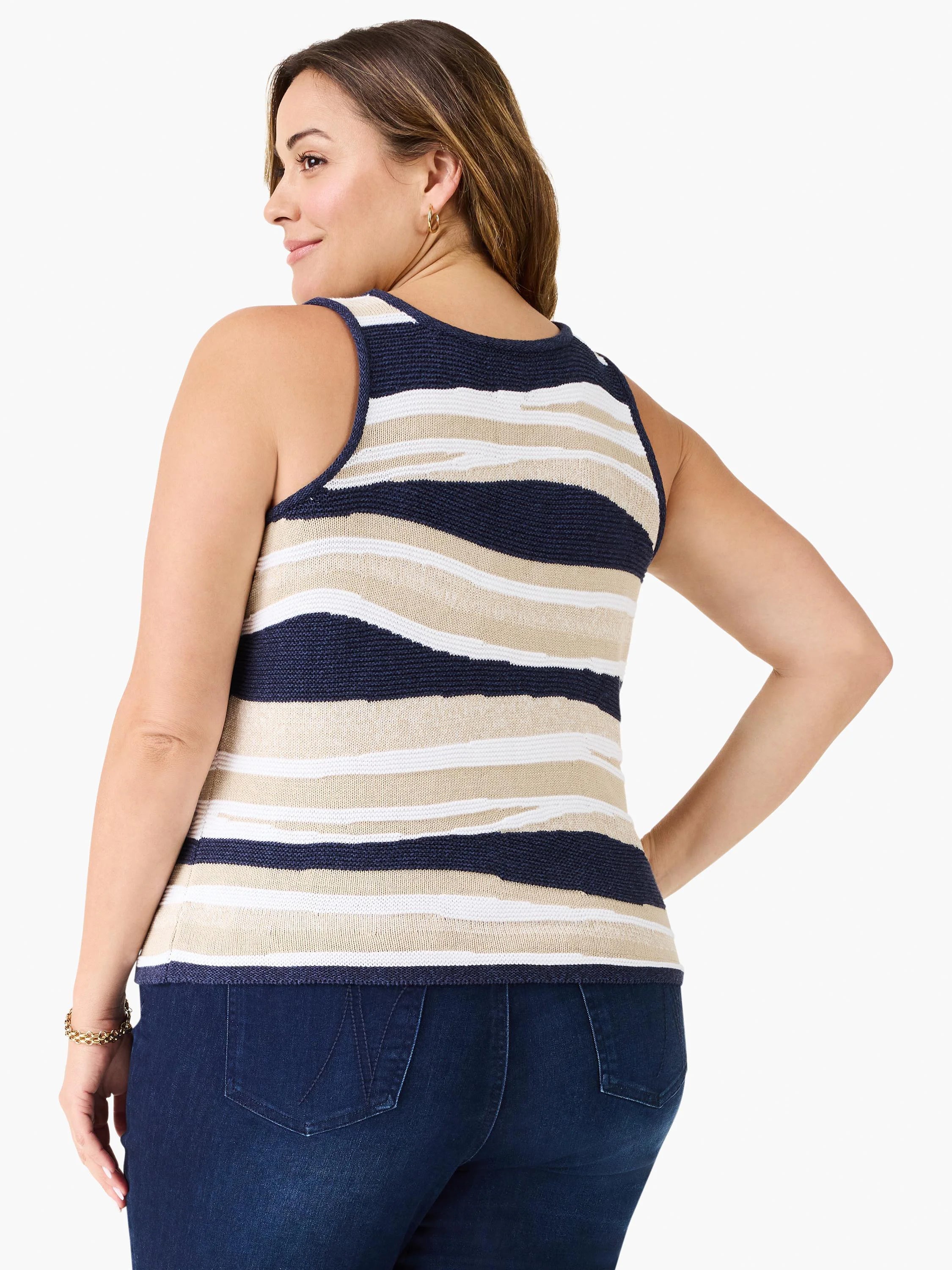 Navy, beige, and white knit sweater tank with wavy horizontal stripes.