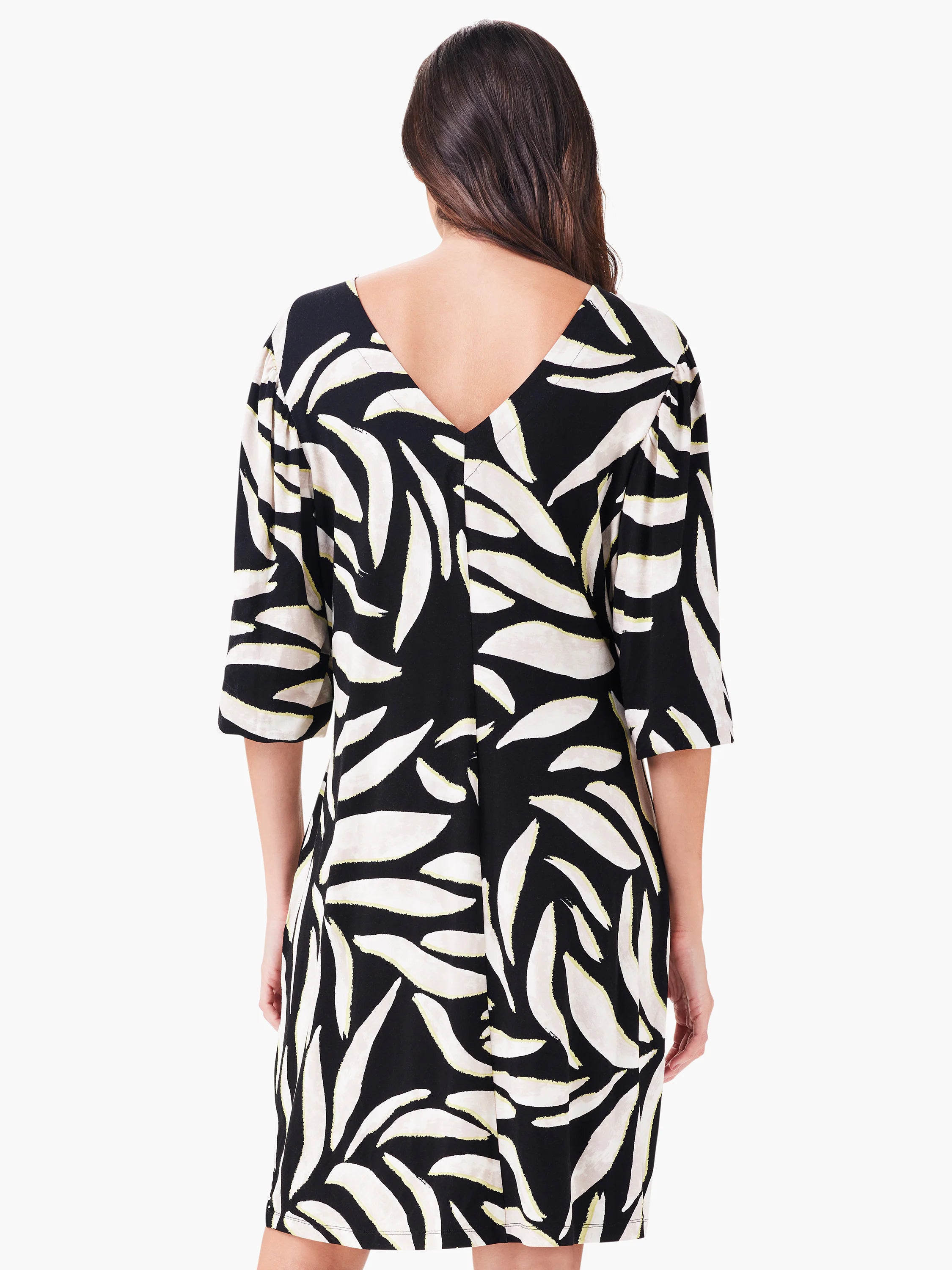 Black dress with cream & yellow brushstroke leaf pattern, V-neck back, 3/4 sleeves.