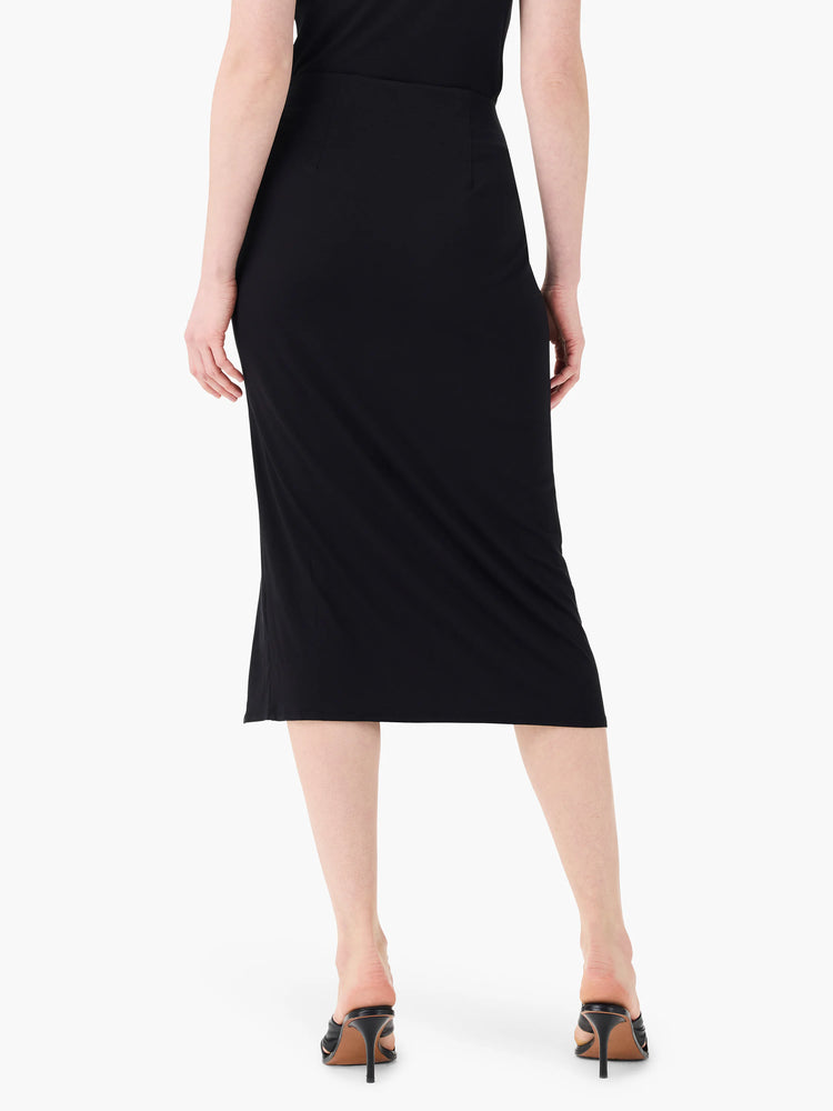 Black jersey sarong midi-skirt, form-fitting with a smooth finish.