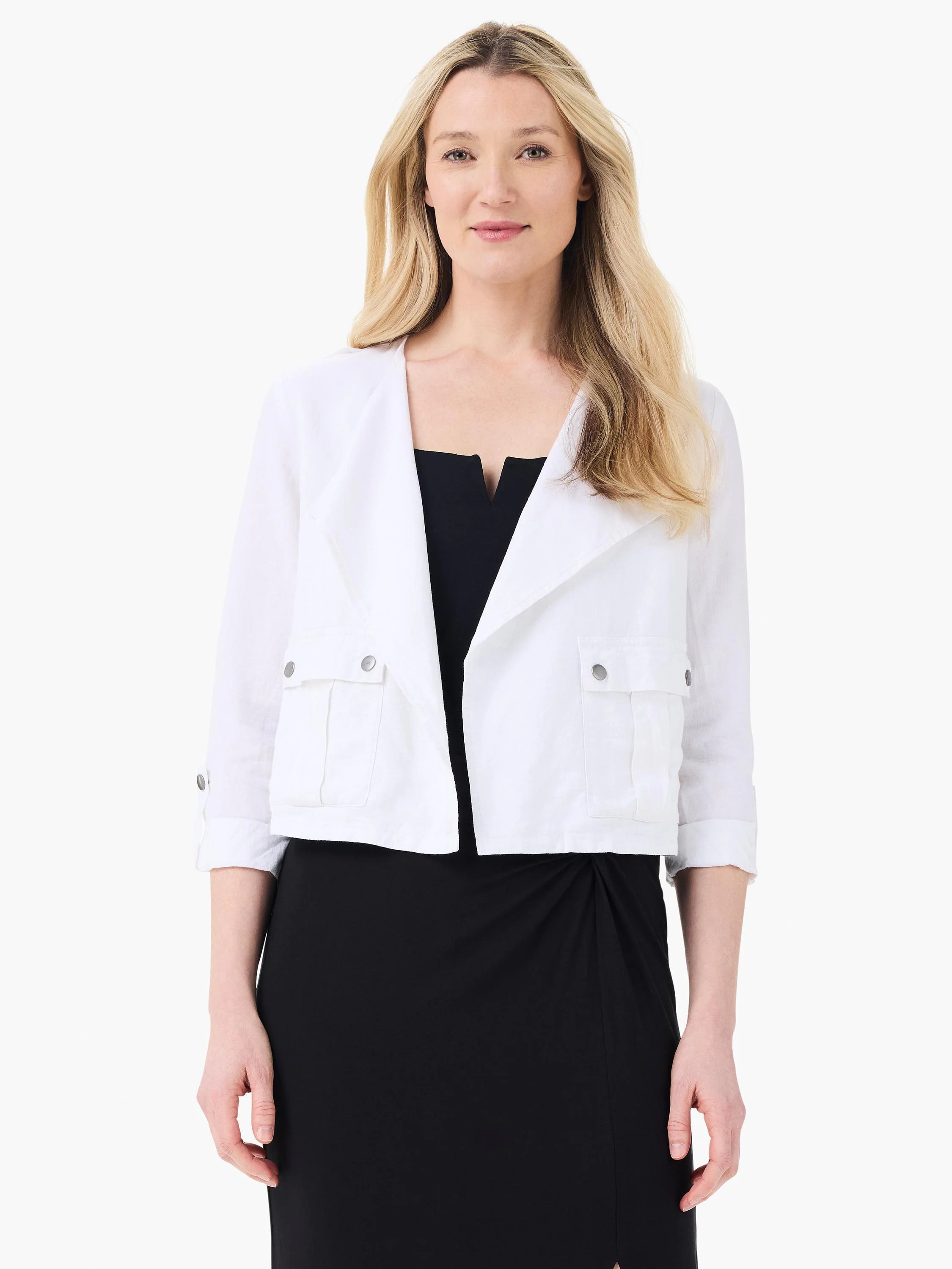 White linen moto jacket: cropped, open front, lapels, 2 snap chest pockets, 3/4 sleeves with button tabs.