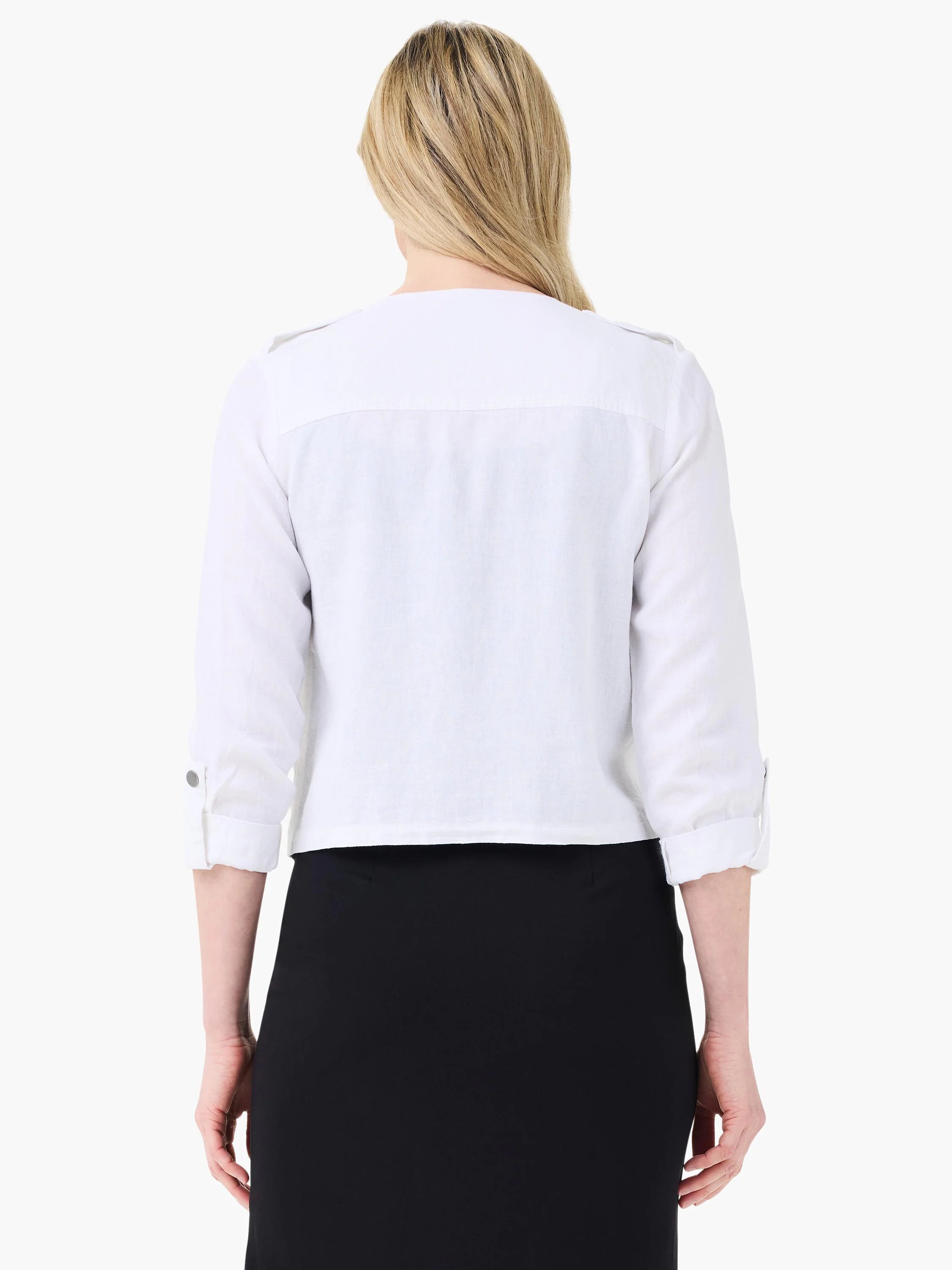 White linen moto jacket, back view. Features 3/4 rolled sleeves with buttoned tabs, and shoulder tabs.