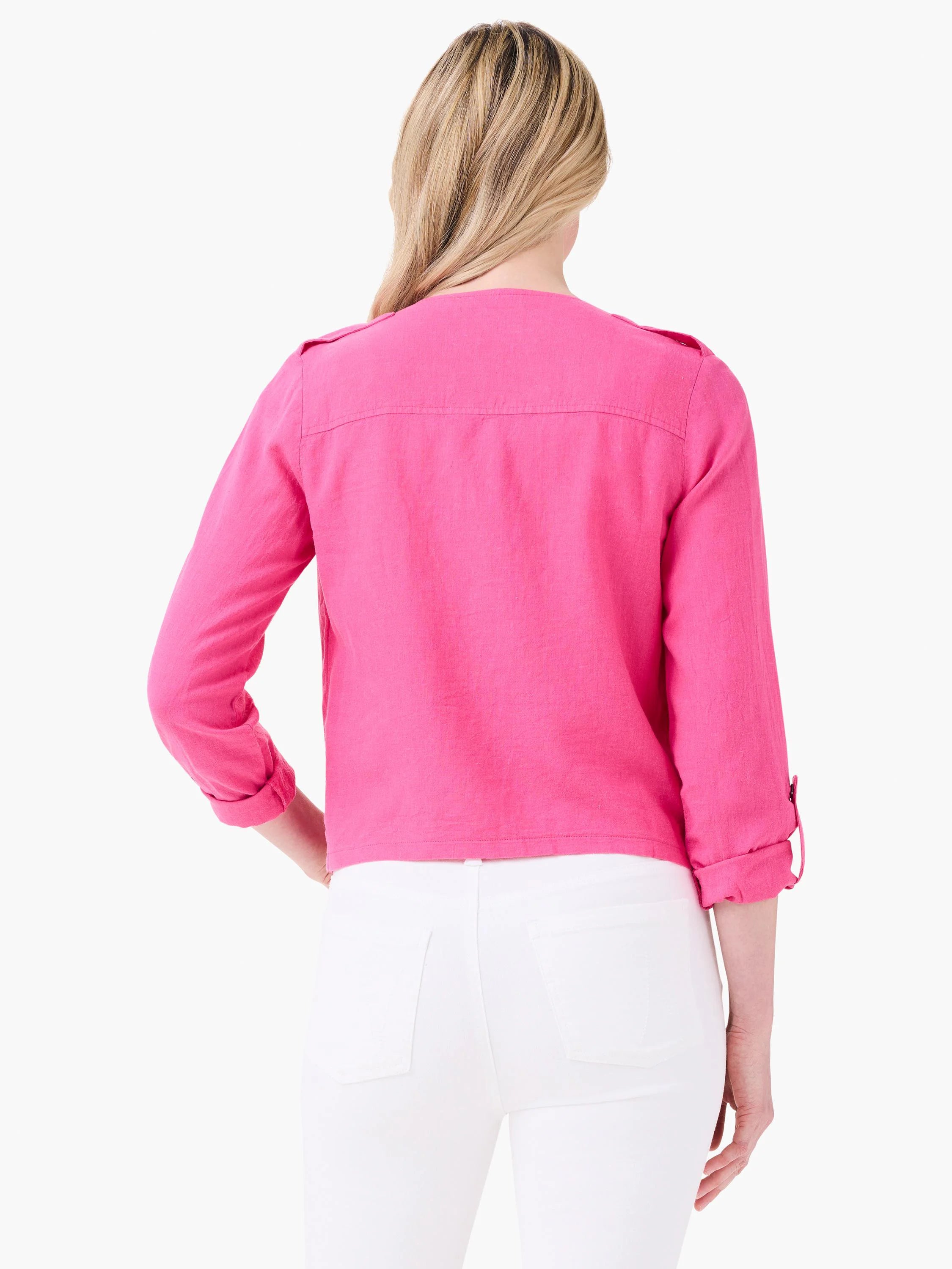 Hot pink linen moto jacket, back view. Features shoulder epaulets and 3/4 length tab sleeves.
