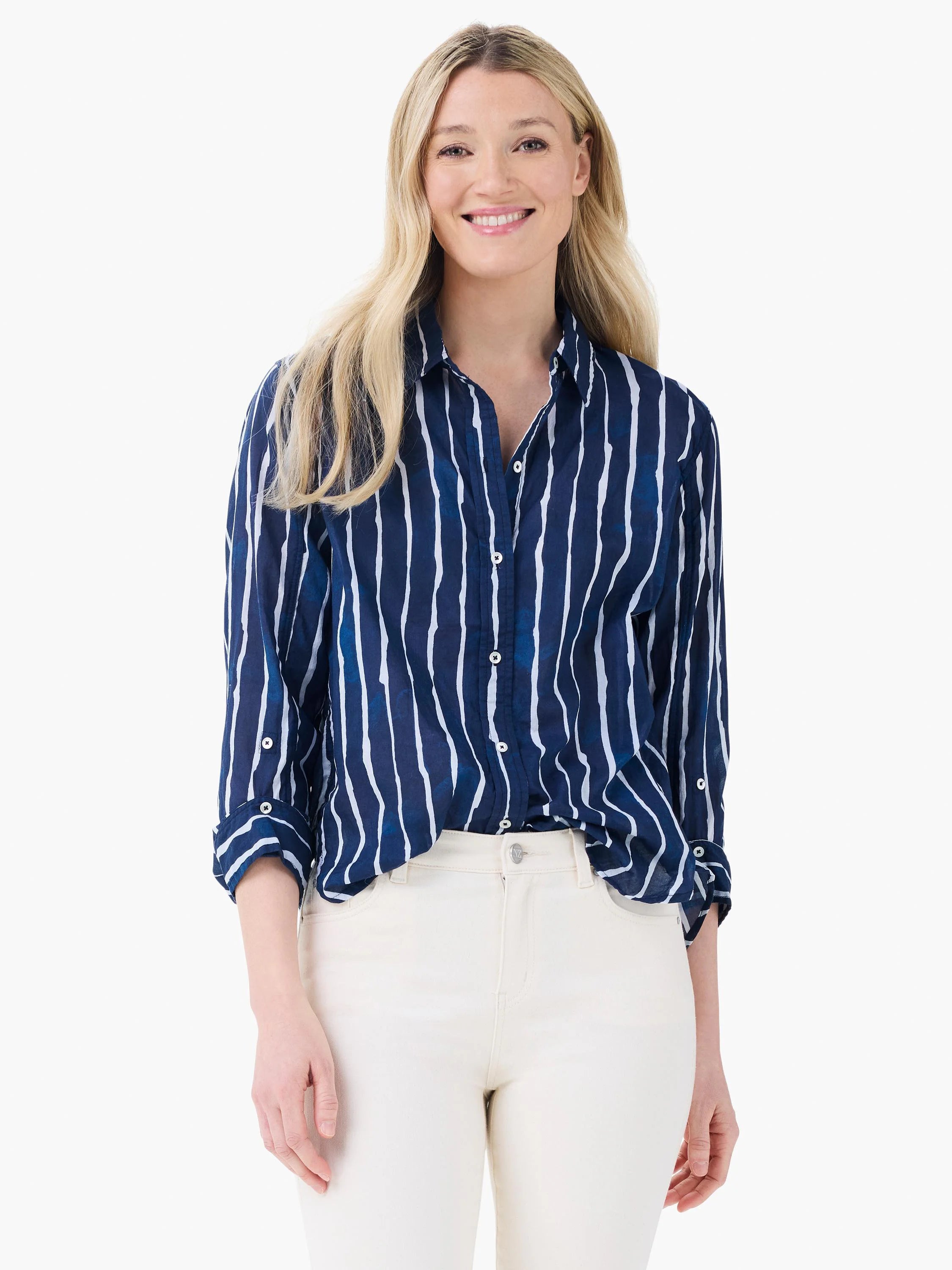 Navy blue watercolor stripe shirt with irregular white stripes, open collar, and rolled-up long sleeves.