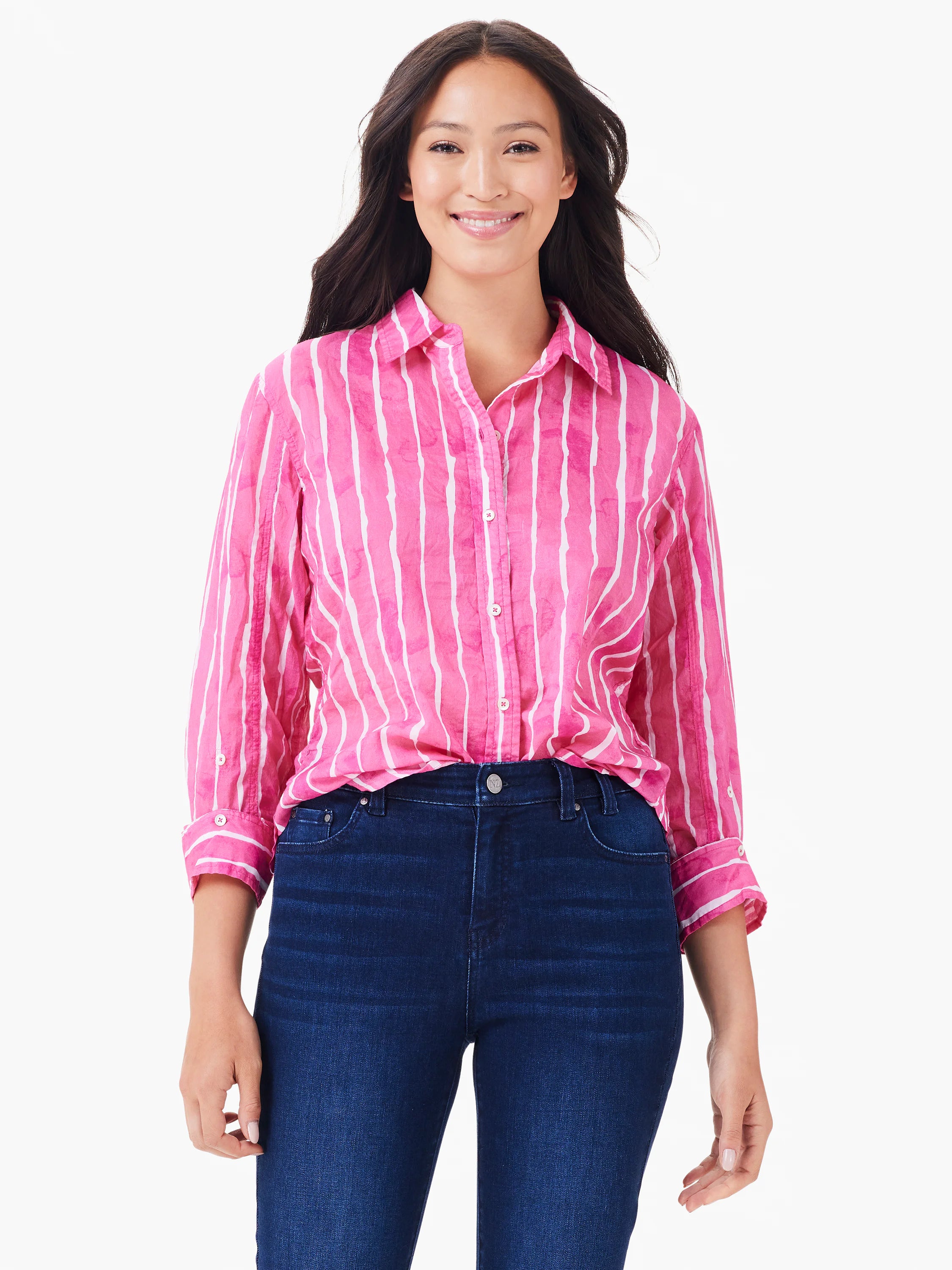 Pink button-down shirt with white watercolor stripes and rolled 3/4 sleeves.
