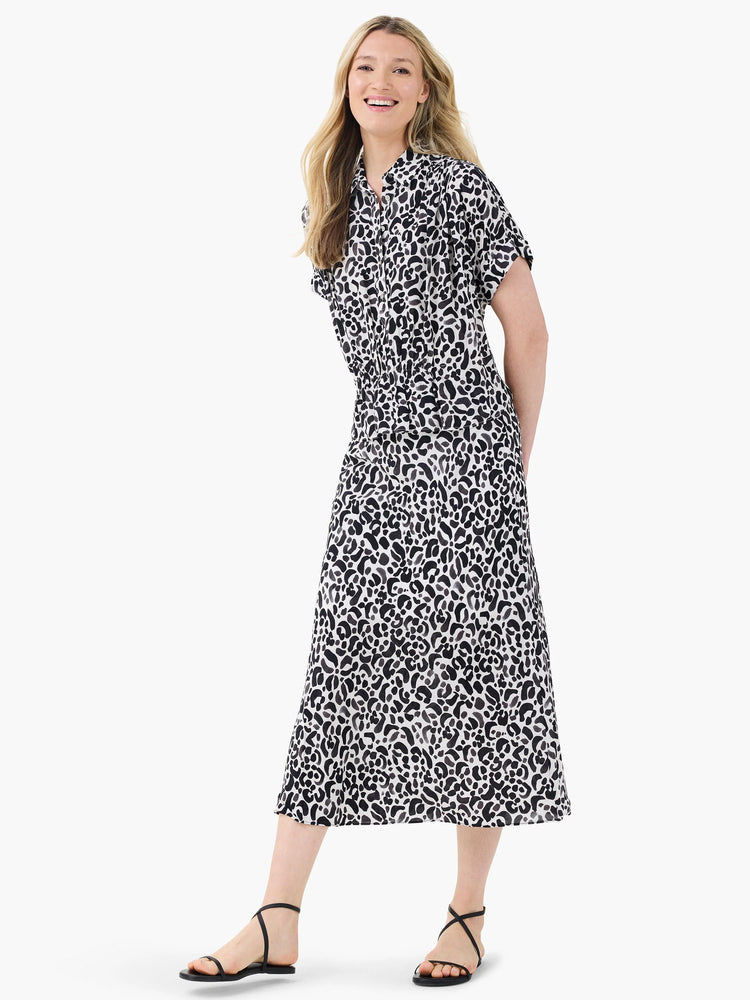 Black, gray & white animal print midi shirt-dress with collar, short sleeves, and elastic waist.