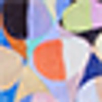 Abstract, multi-colored blend of smooth, irregular shapes: orange, blue, green, purple, white.