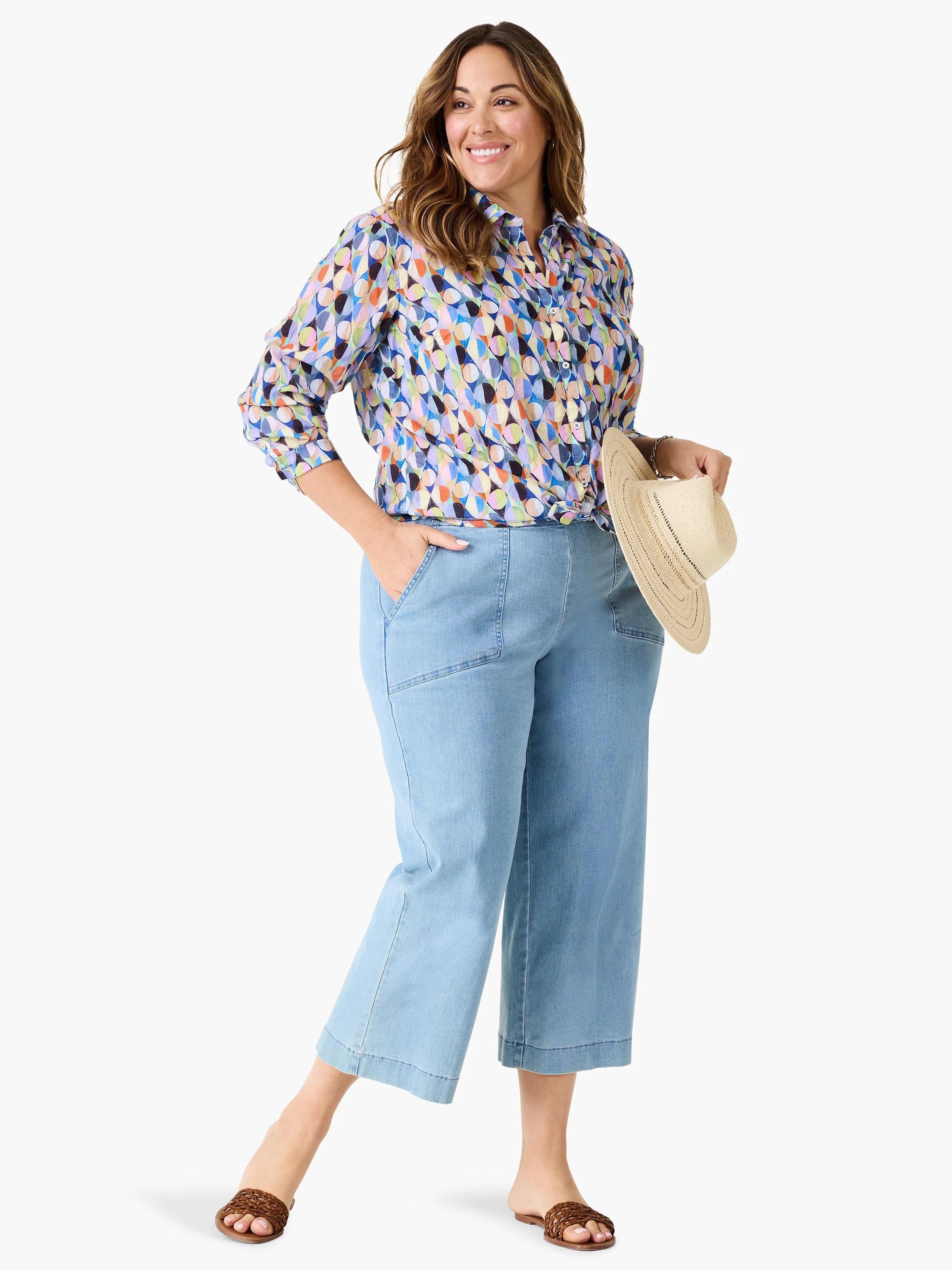 Social Circles Boyfriend Shirt: Relaxed fit, collared button-up with overlapping multi-color circles pattern.