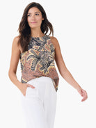 Dotty Palms Tank: Sleeveless top with black, peach, and lime green abstract palm dot pattern.