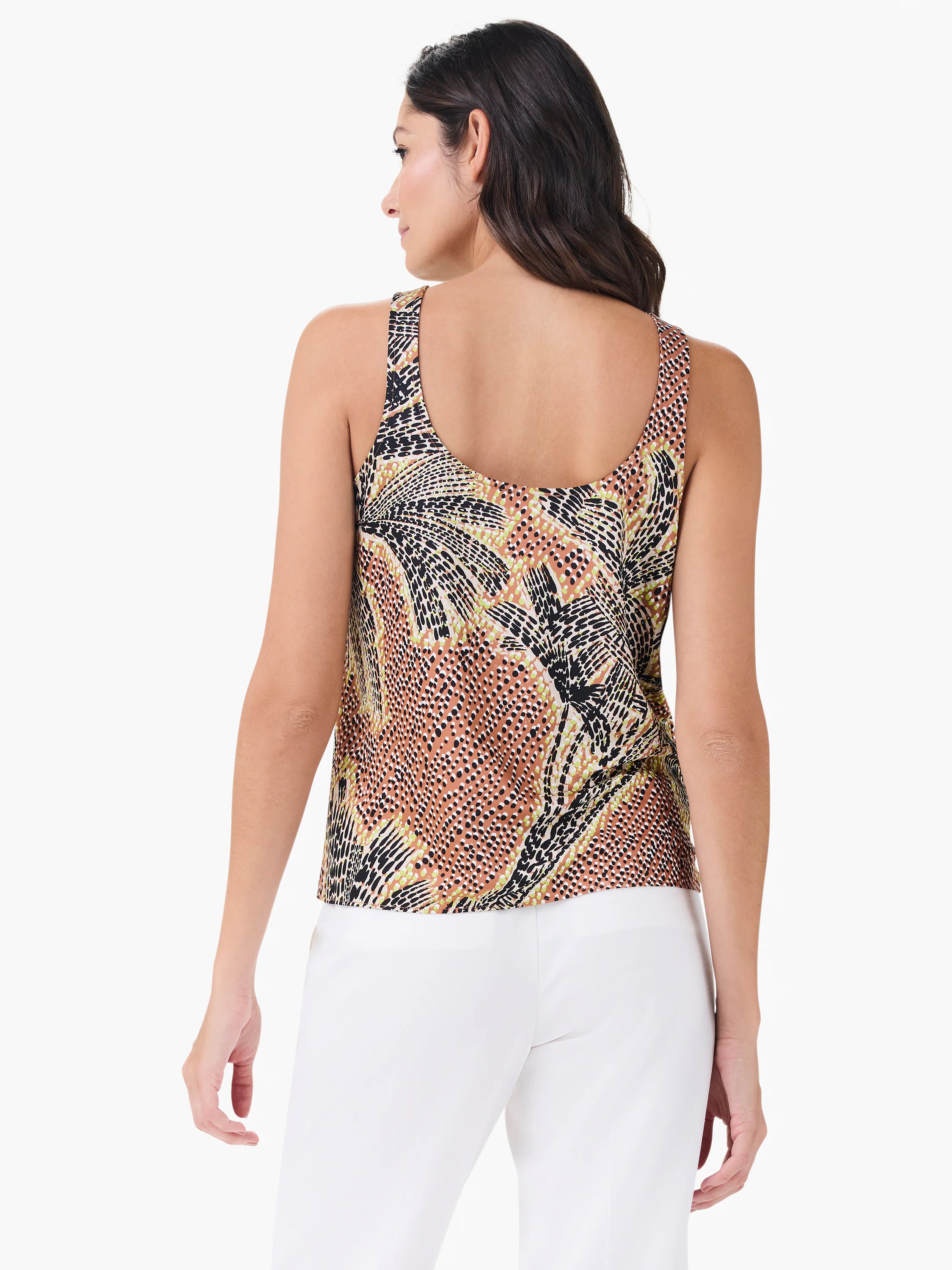 Scoop neck tank with black, lime green, and terracotta dotted palm leaf pattern.