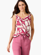 Sleeveless tank top with a cowl neck, featuring an abstract block pattern in shades of pink and cream.