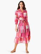 Pink, orange, and beige block plaid collared shirt with 3/4 sleeves, tied at the waist.