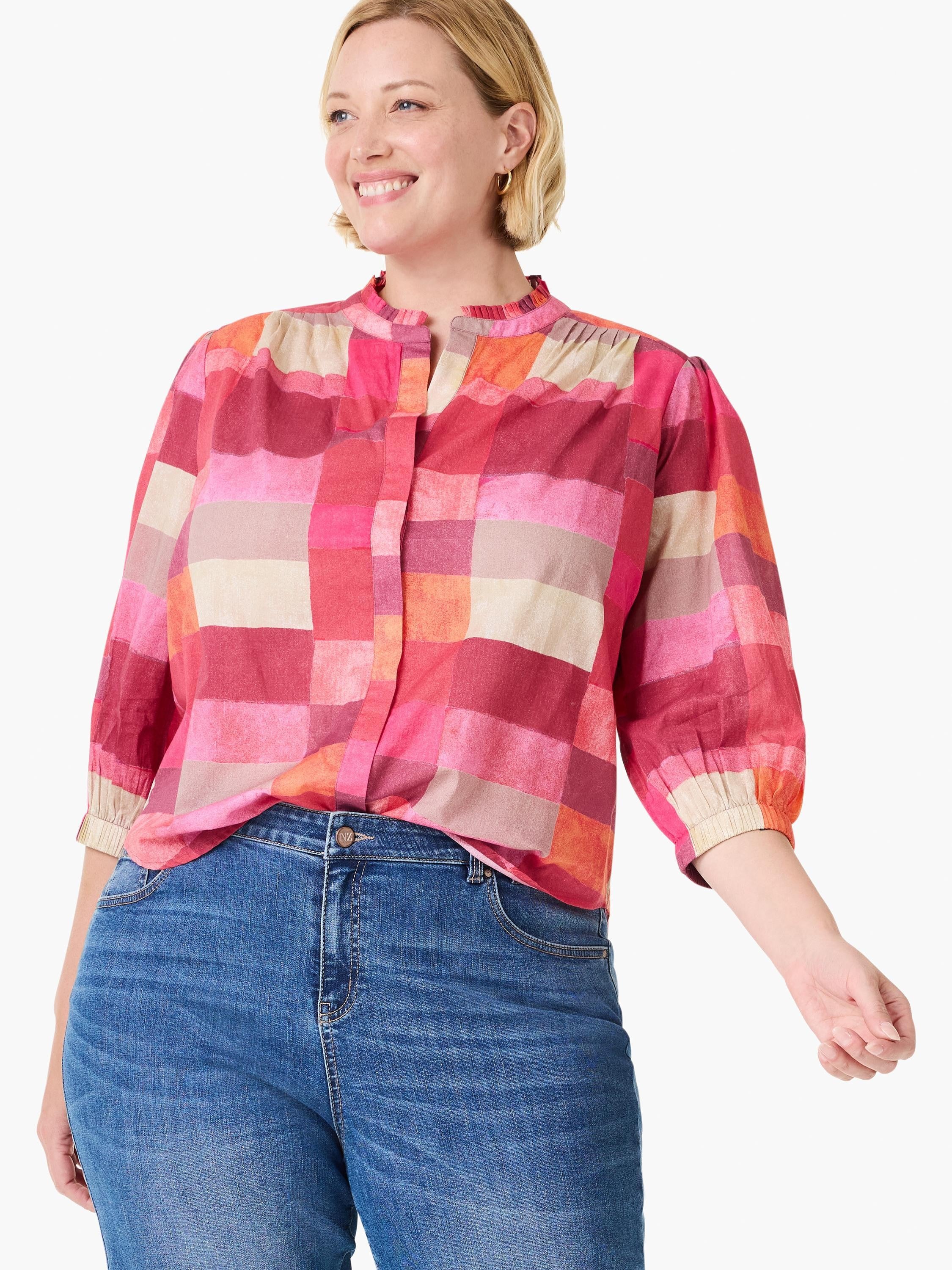 Sunset plaid shirt: blocks of pink, orange, red, beige. Features a ruffled band collar and 3/4 elasticized sleeves.