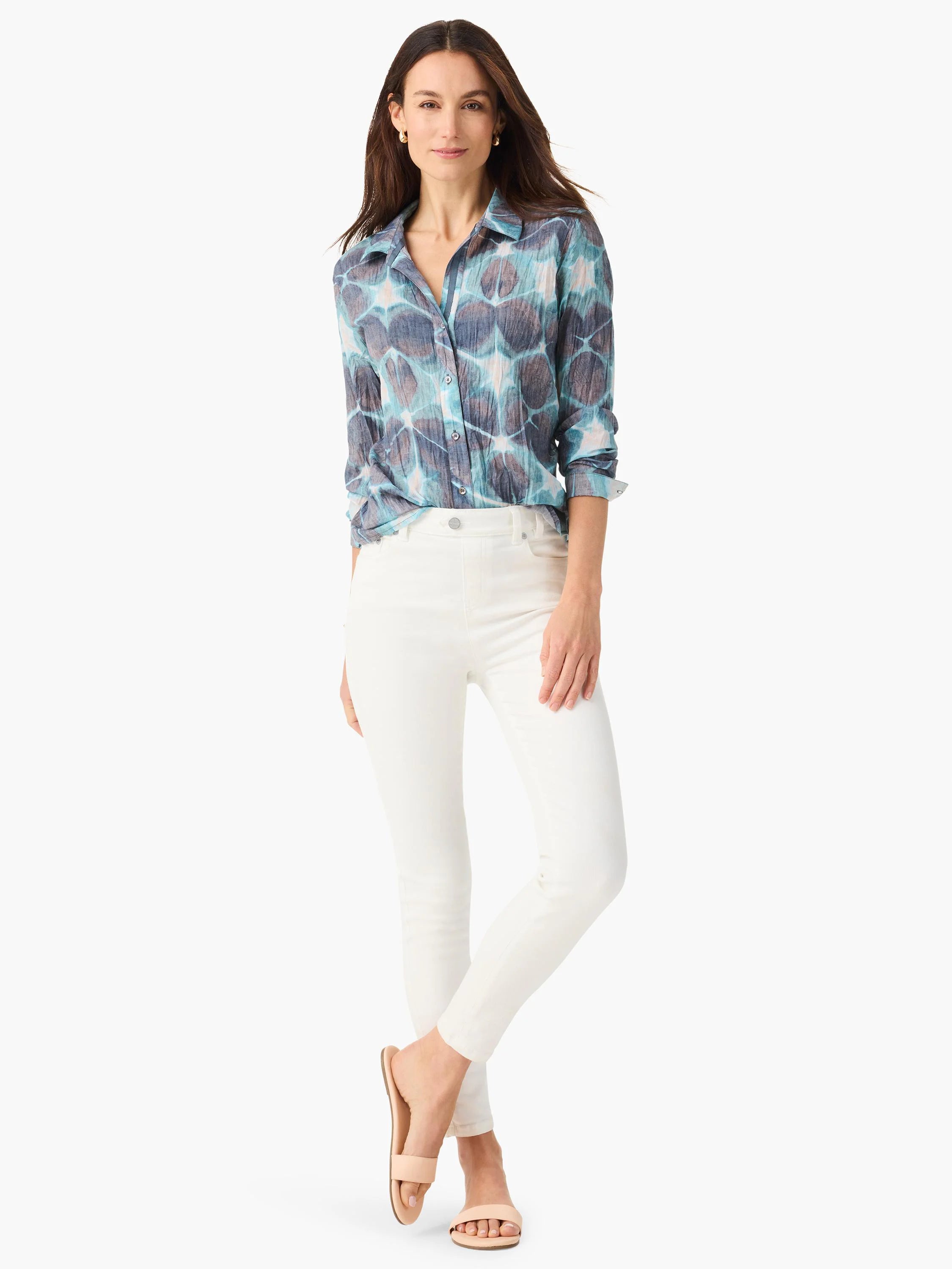 Crinkled button-up shirt with an abstract tie-dye pattern in shades of blue, teal, and muted brown.