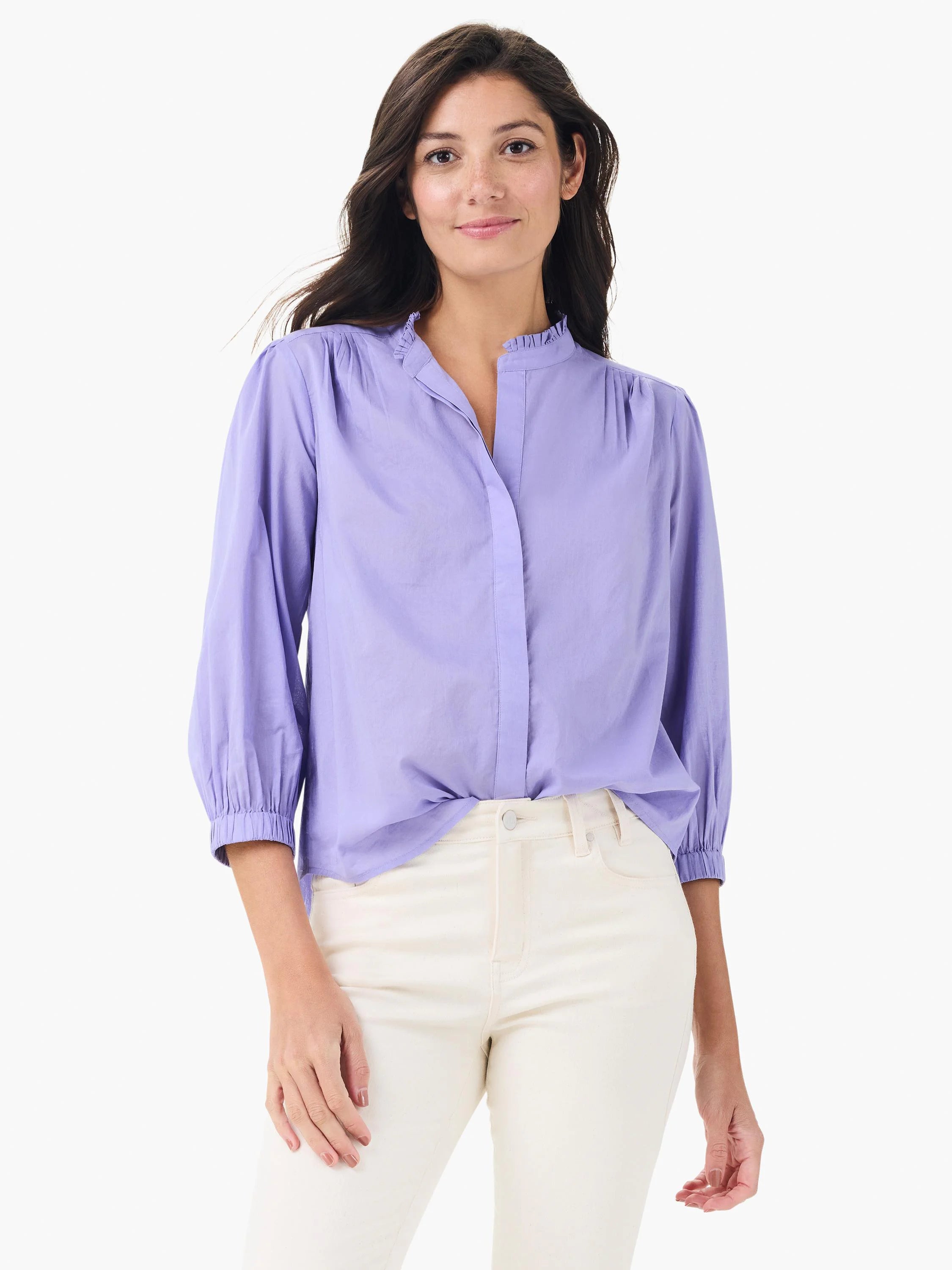 Lavender cotton shirt with ruffled band collar, partial button placket, and 3/4 gathered sleeves.