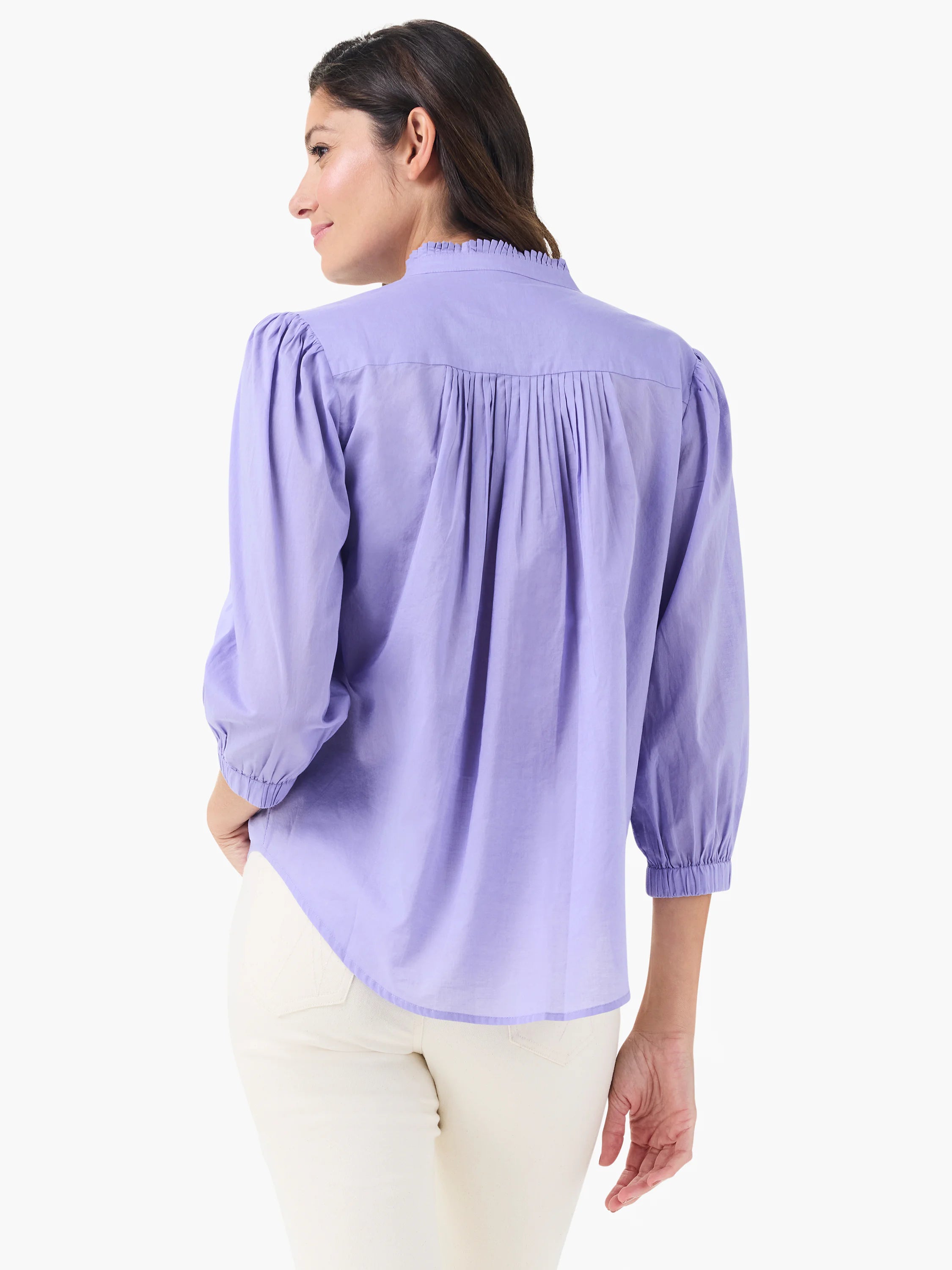Lavender cotton shirt with ruffled collar, 3/4 gathered sleeves, and pleated back yoke.