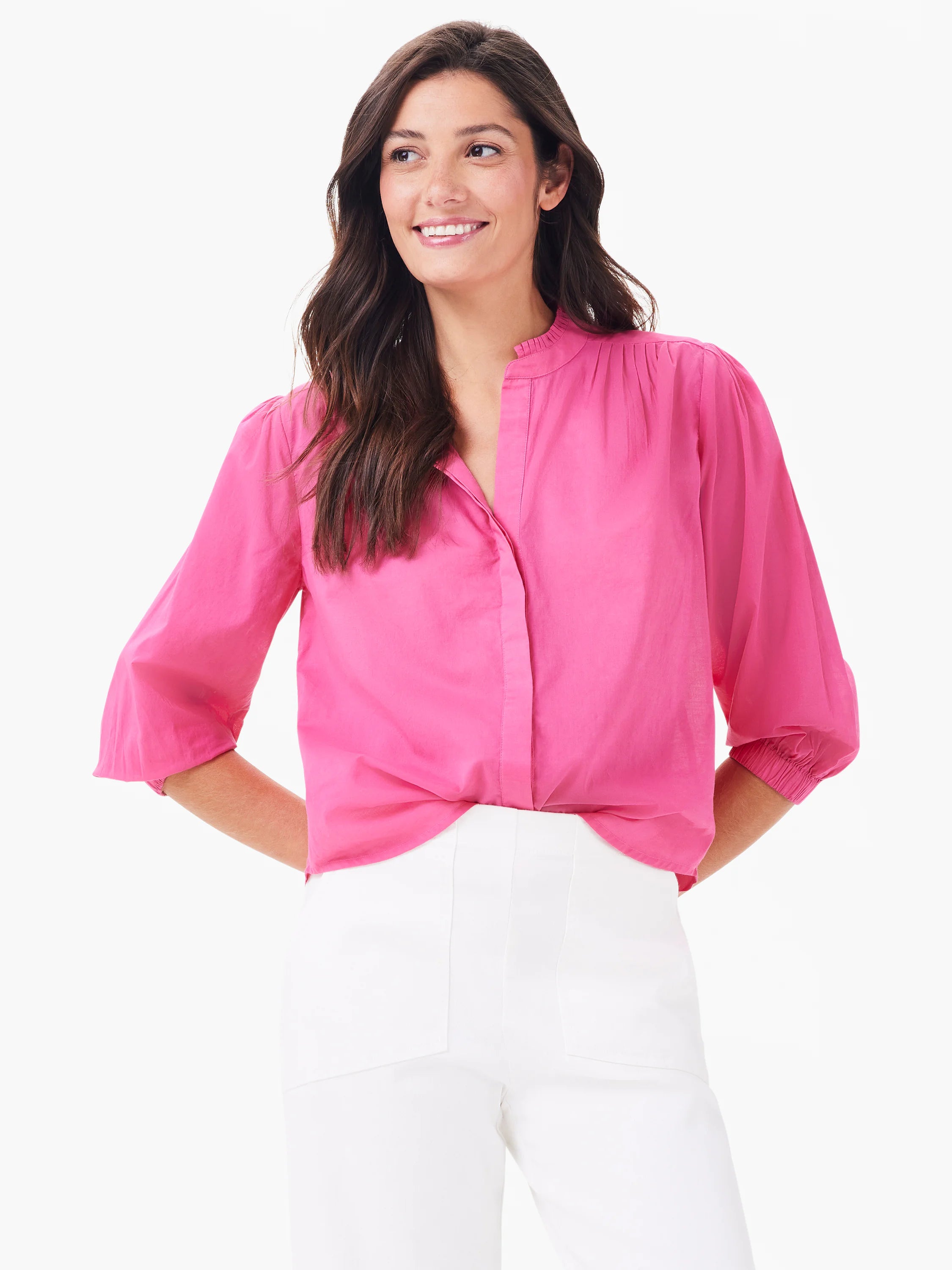 Bright pink cotton shirt with gathered stand collar, partial button-front, puff sleeves, and elasticized cuffs.