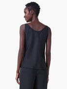 Black sleeveless crepe tank top, viewed from the back, featuring a scoop neckline.