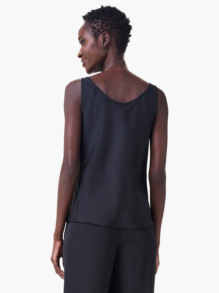 Black sleeveless crepe tank top, viewed from the back, featuring a scoop neckline.