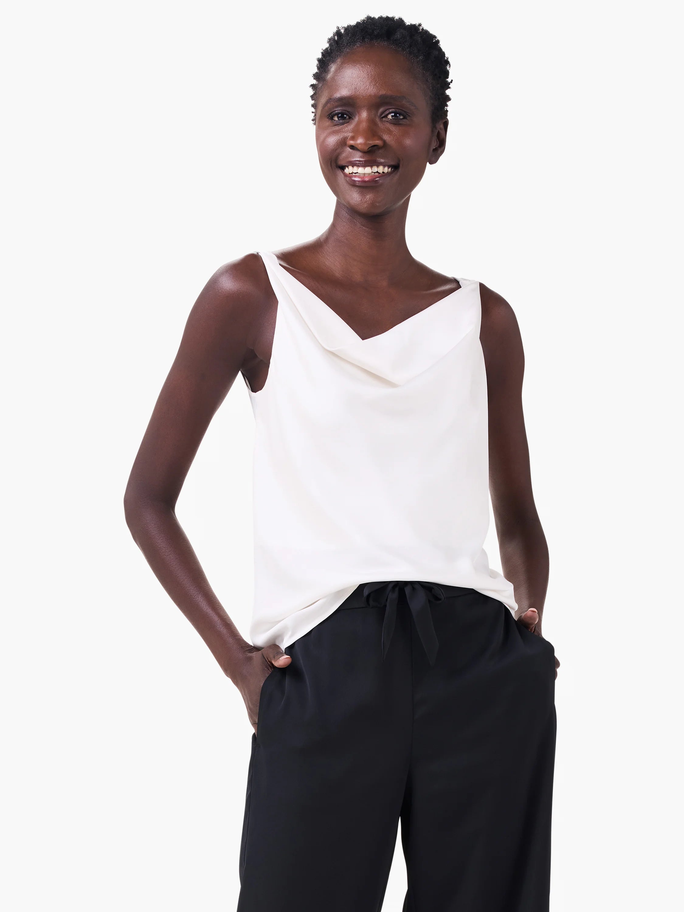 Off-white sleeveless tank top with a draped cowl neck and thin straps.