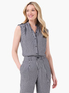 Drapey black & white small-check gingham tank. Sleeveless with a V-neck and button-front.