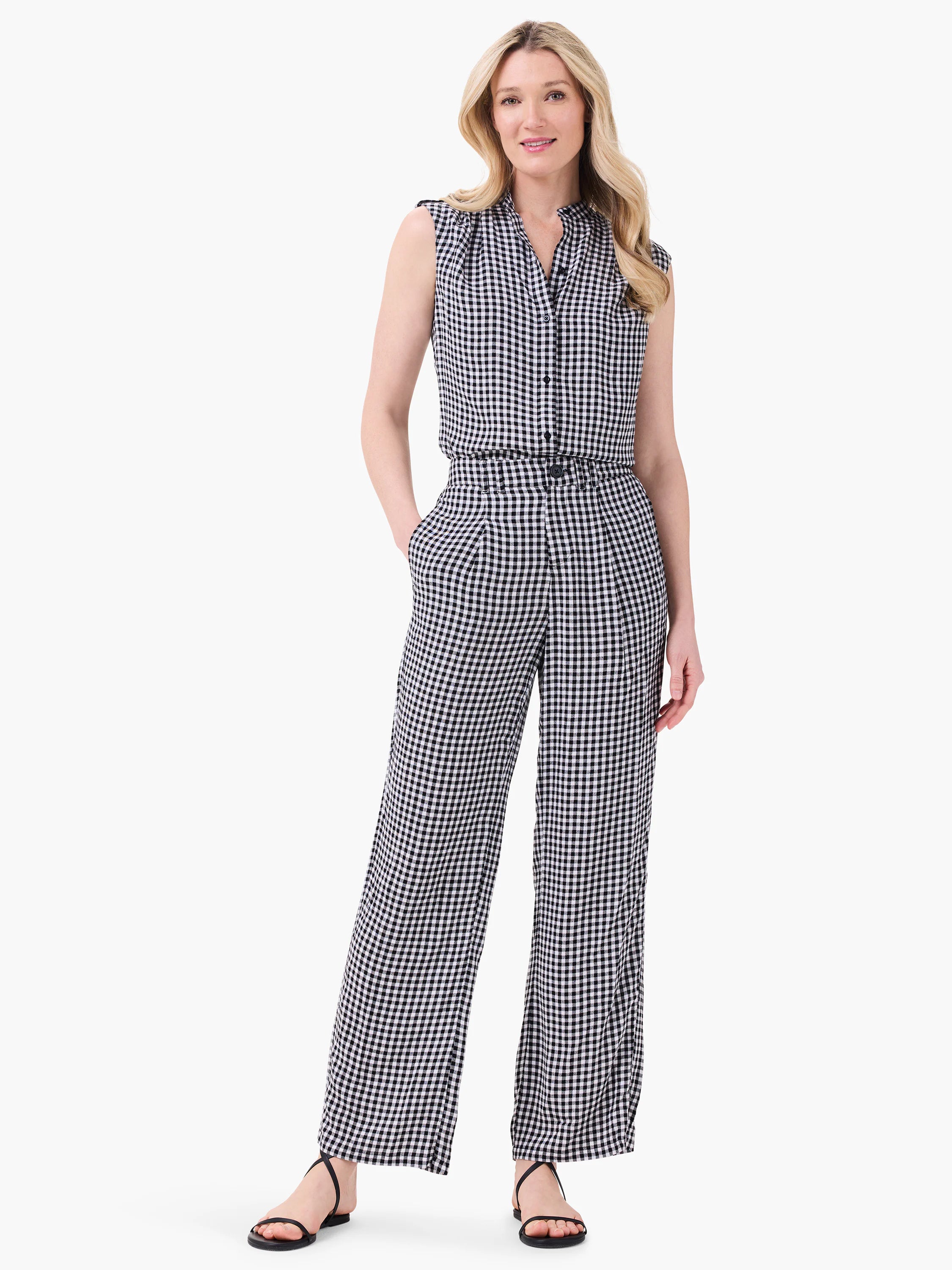 Drapey black and white gingham tank, sleeveless with a button-front and small stand collar.