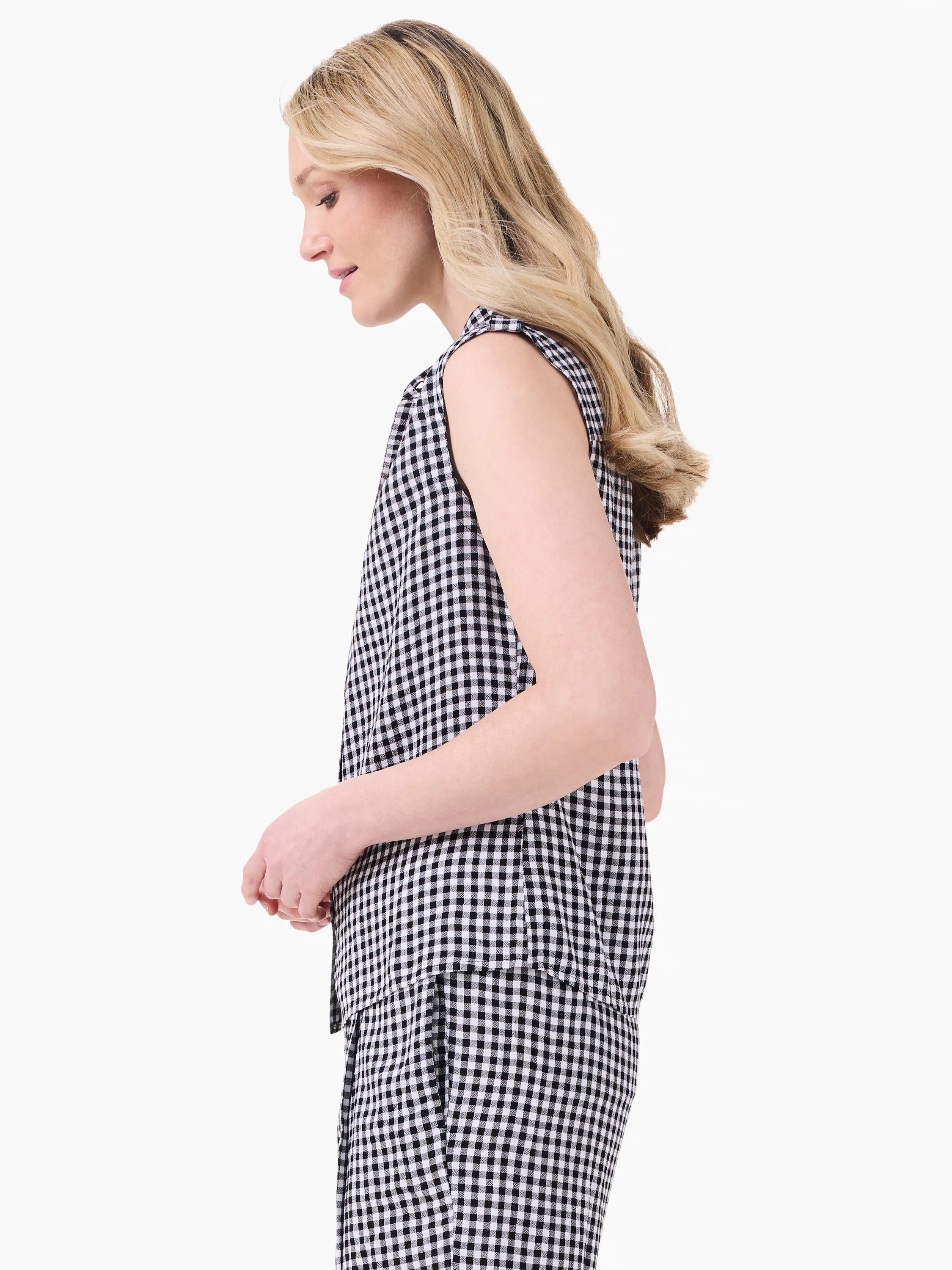 Black & white gingham sleeveless tank top with a loose, drapey fit.