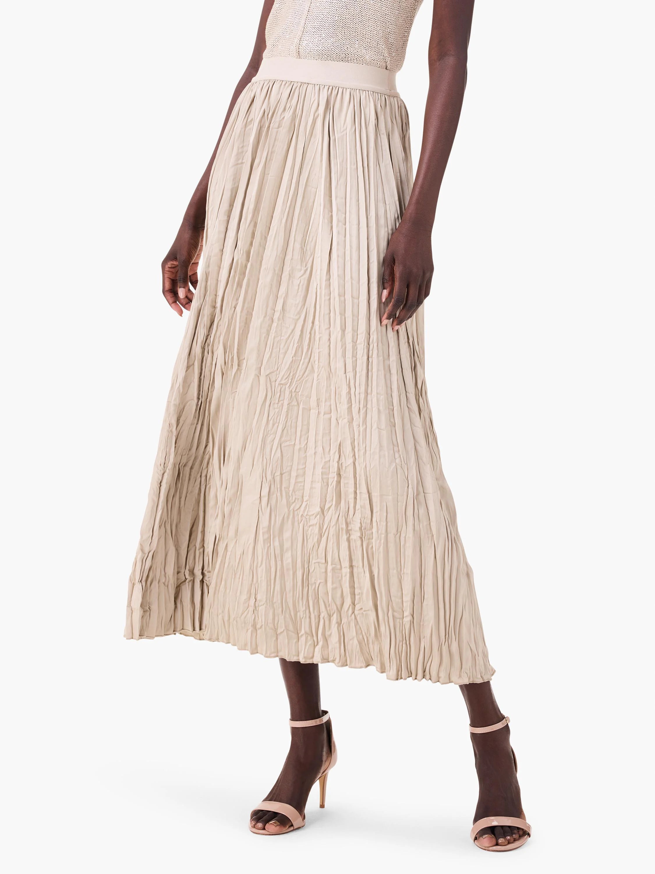 Light beige midi skirt with crinkled, irregular vertical pleats and a smooth waistband.